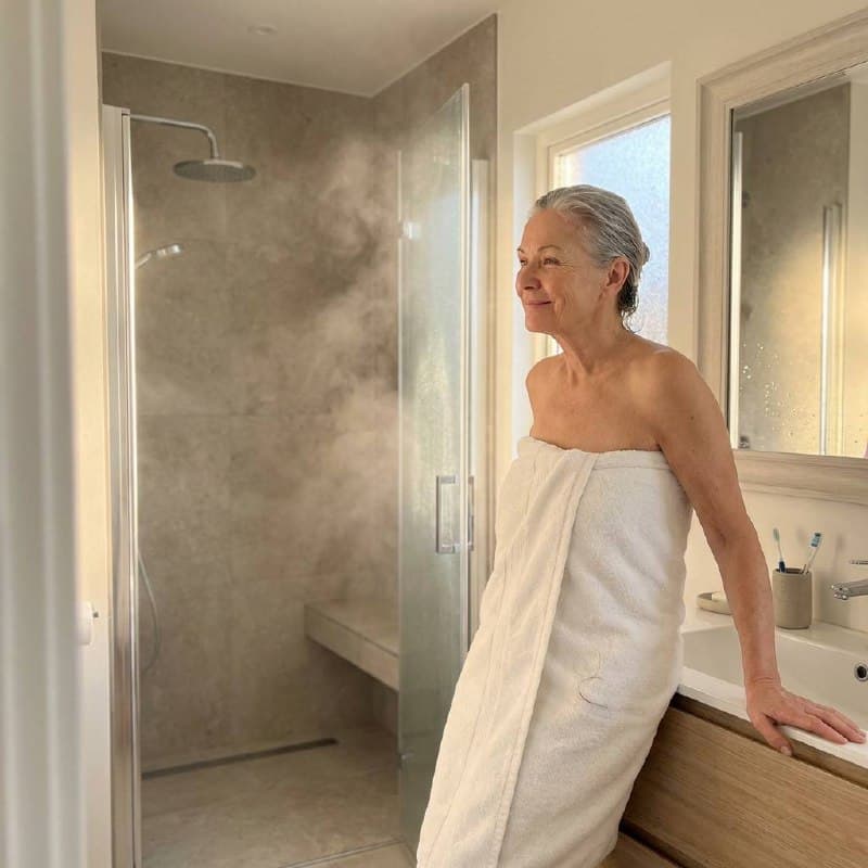 Woman enjoying a modern walk-in shower with steam and glass door
